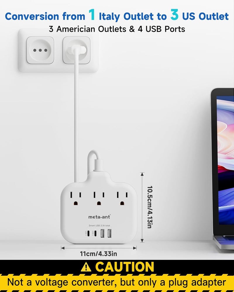 meta-ant Italy Travel Plug Adapter with 5FT Extension Cord, Italy Power Adapter with 3 American Outlets 4 USB Ports(2 USB-C), Type L Adapter for US to Italy Chile Ethiopia Libya Syria Tunisia Uruguay - Image 4